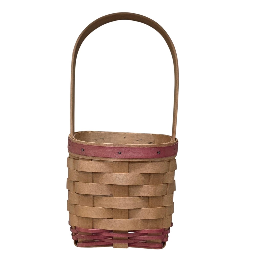 Workshops of Gerald‎ E Henn Handwoven Wood Basket Red Trim Small Accent Vintage